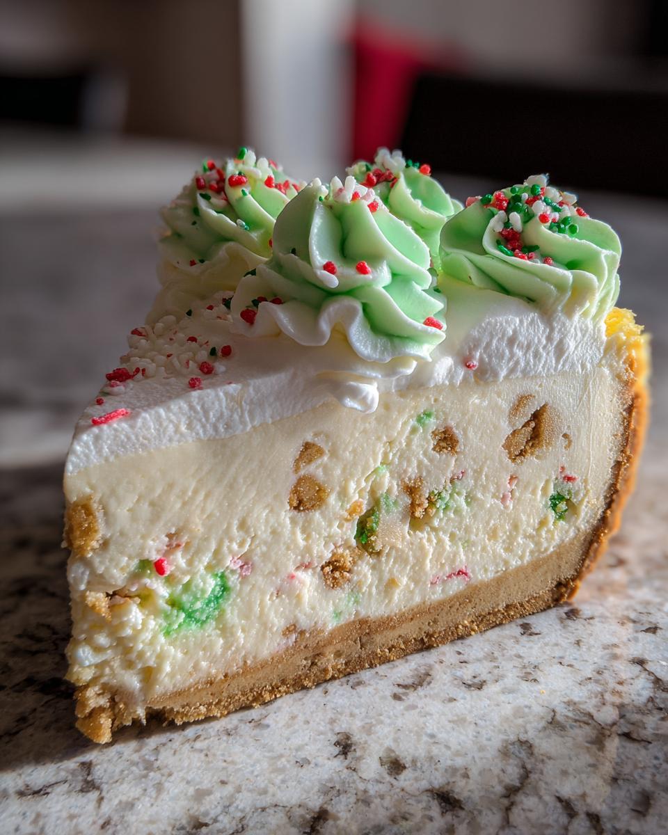 A close-up slice of Christmas tree cheesecake showing a graham cracker crust, creamy filling with colorful bits, and light green frosting swirls.