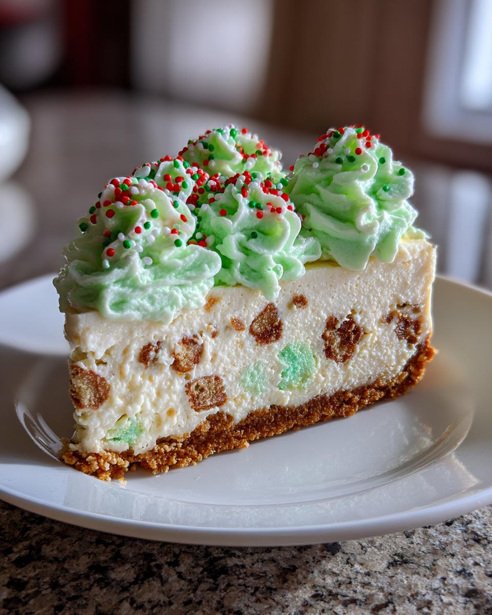 A close-up slice of christmas tree cheesecake with a graham cracker crust, green frosting peaks, and holiday sprinkles.