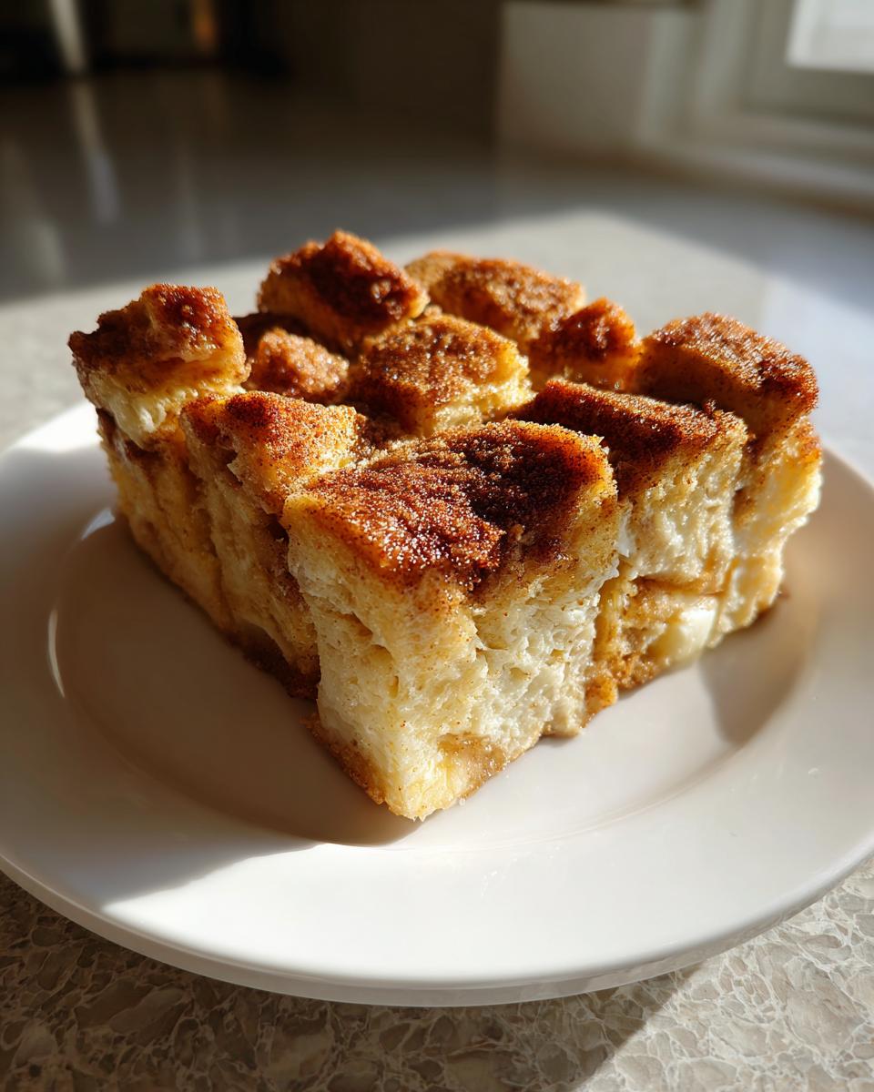 A square serving of baked french toast casserole topped with cinnamon sugar, served on a white plate.