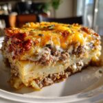 A thick, layered slice of hamburger potato casserole topped with melted, browned cheese and herbs.