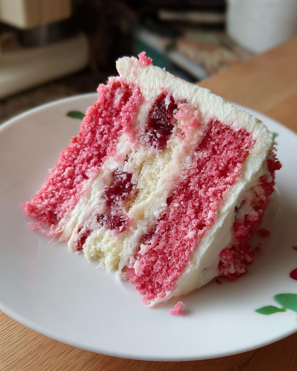A close-up slice of layered cherry cake showing pink and white sponge layers, real cherries, and white frosting.