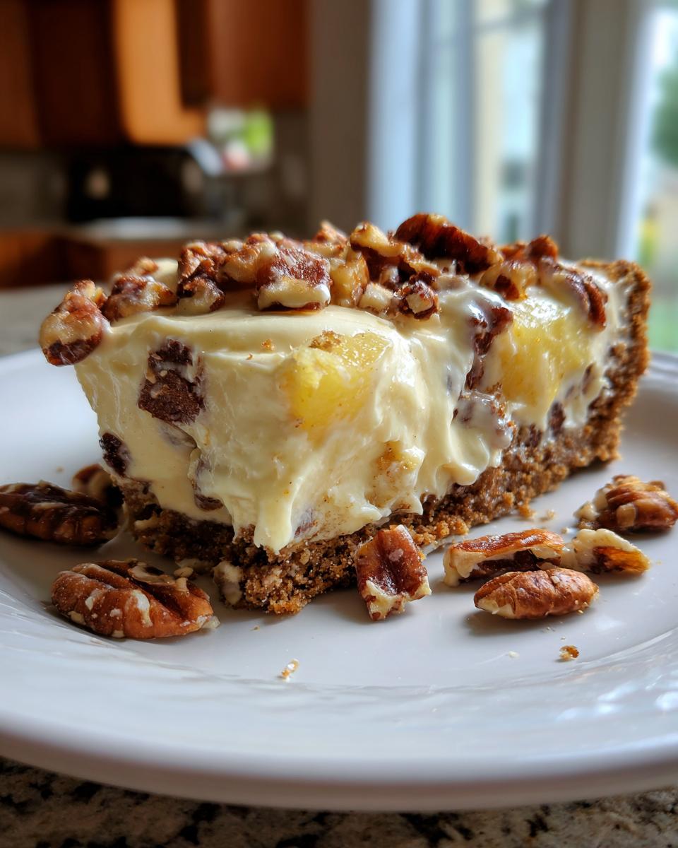 A decadent slice of Million Dollar Pie featuring a graham cracker crust, creamy filling with fruit chunks, and toasted pecans on top.