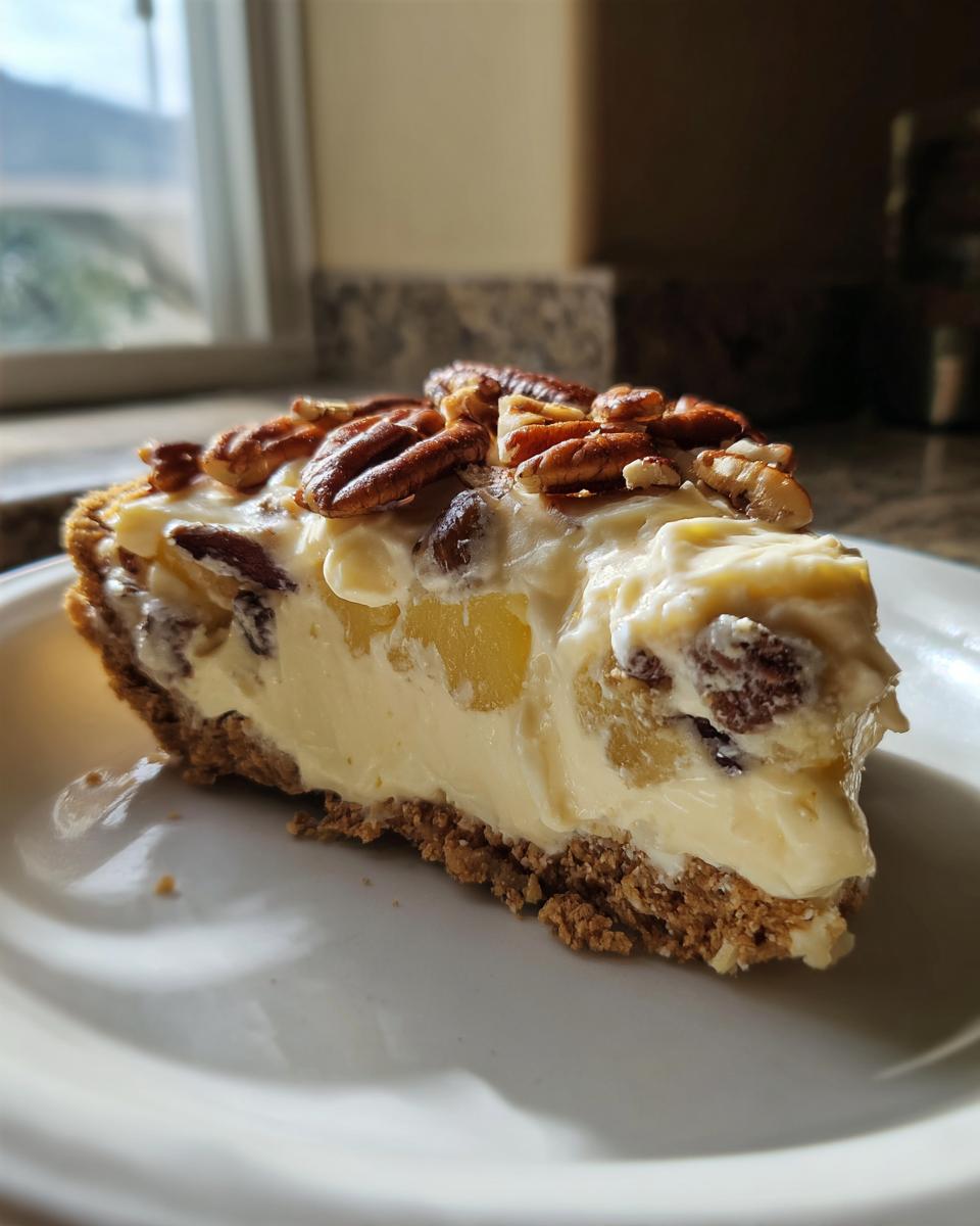 A close-up slice of rich, creamy Million Dollar Pie topped with whole pecans, showing the graham cracker crust.
