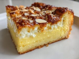 Close-up of a layered slice of bee sting cake showing sponge, custard, cream, and caramelized almond topping.