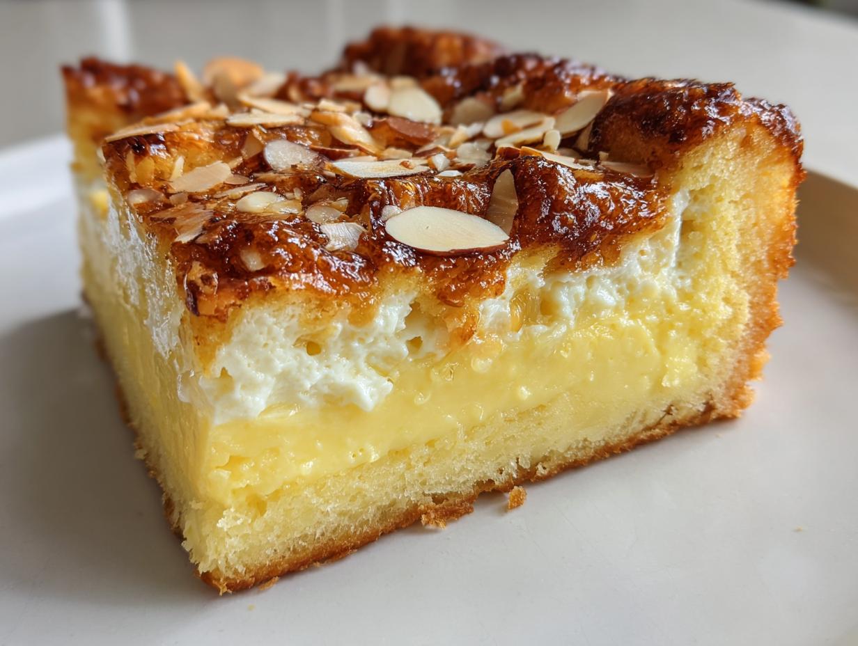 Close-up of a layered slice of bee sting cake showing sponge, custard, cream, and caramelized almond topping.
