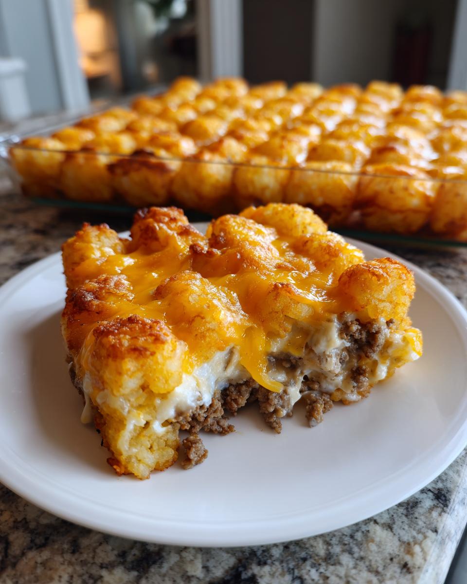 A serving of cheesy tater tot casserole with a crispy top layer and ground beef filling, served on a white plate.