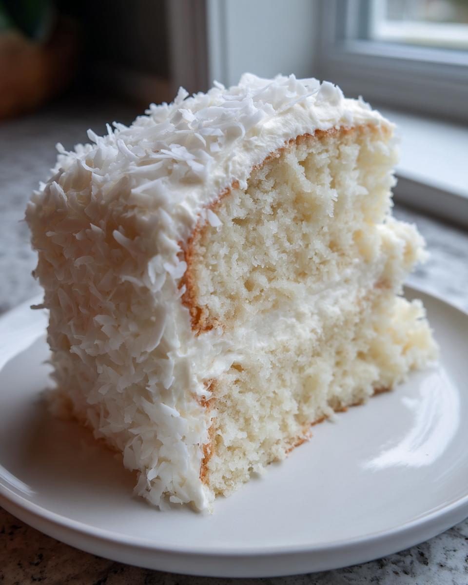 Close-up of a moist slice of coconut cake layered with white frosting and covered in shredded coconut.