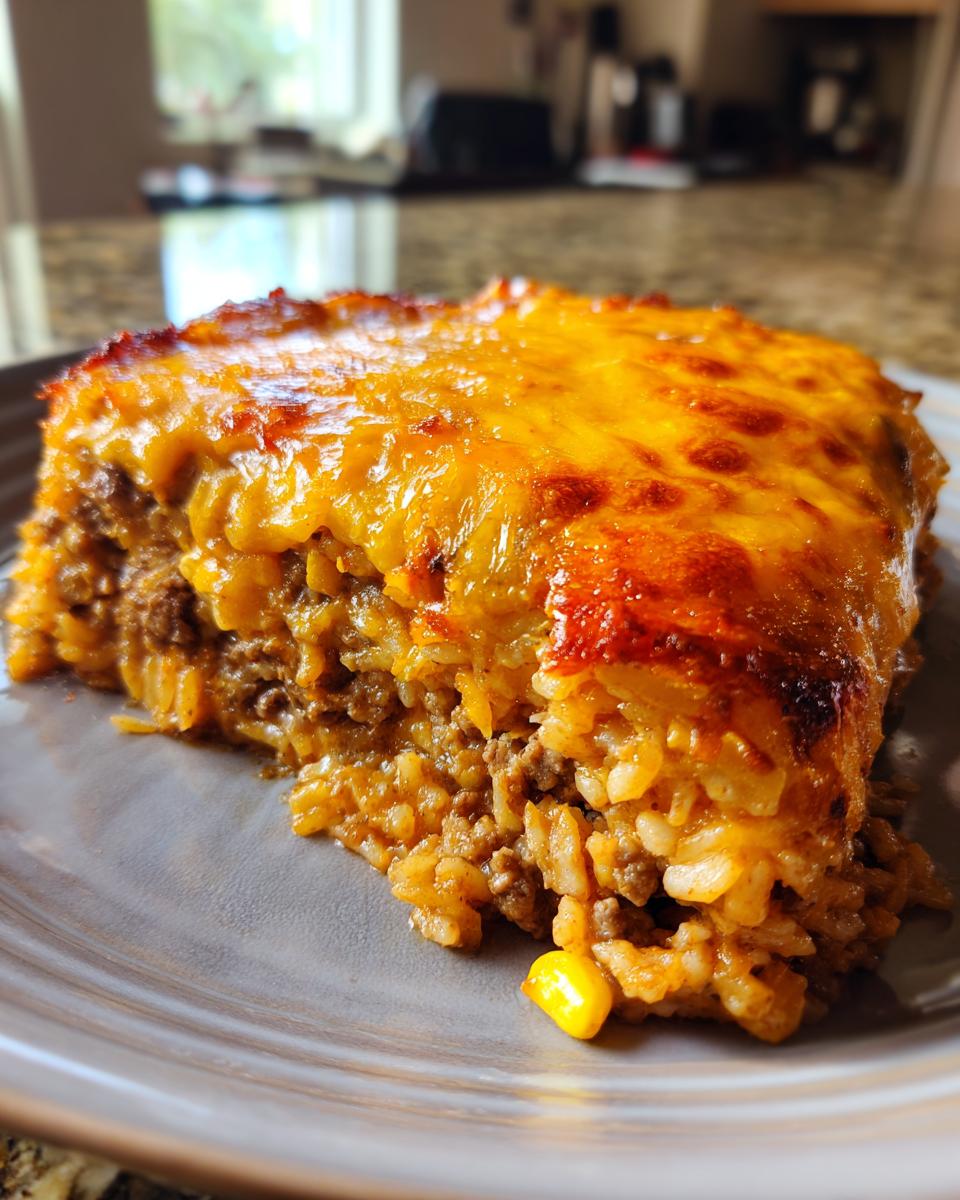 A close-up of a hearty slice of mexican rice casserole topped with melted, browned cheddar cheese.