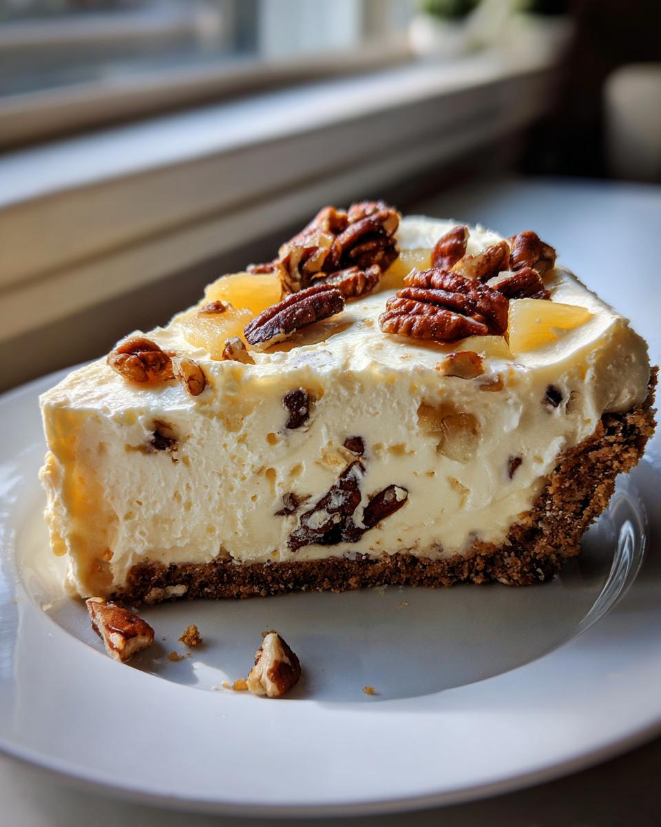 A creamy slice of Million Dollar Pie with a graham cracker crust, topped with pecans and pineapple chunks.
