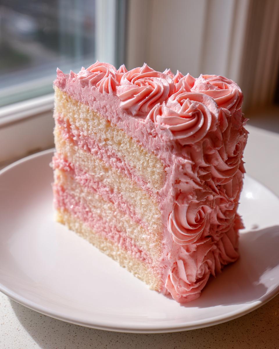 A tall slice of vanilla rose cake with pink frosting piped into rosettes, showing layers of cake and pink filling.