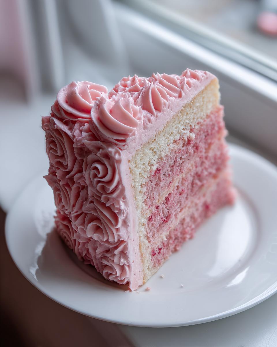 A decadent slice of pink rose cake featuring layered pink sponge and exterior frosting piped into rose swirls.