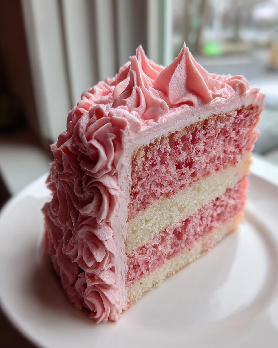 A close-up of a slice of layered rose cake featuring pink sponge, white filling, and thick pink rosette frosting.