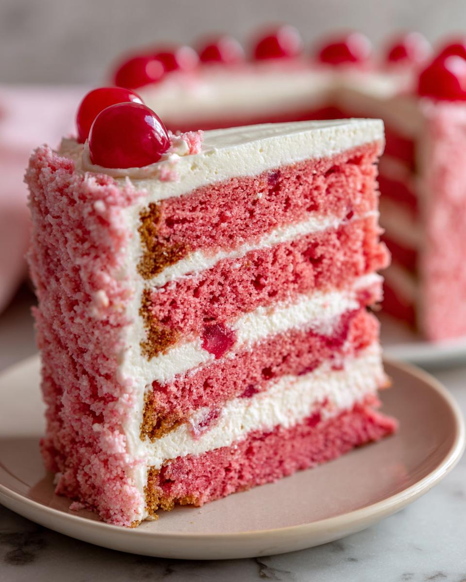 Close-up of a tall slice of pink layered cherry cake with white cream frosting and maraschino cherries on top.