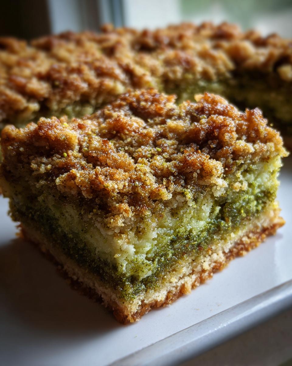 A close-up slice of moist pistachio coffee cake featuring a vibrant green layer and a thick, golden brown streusel topping.