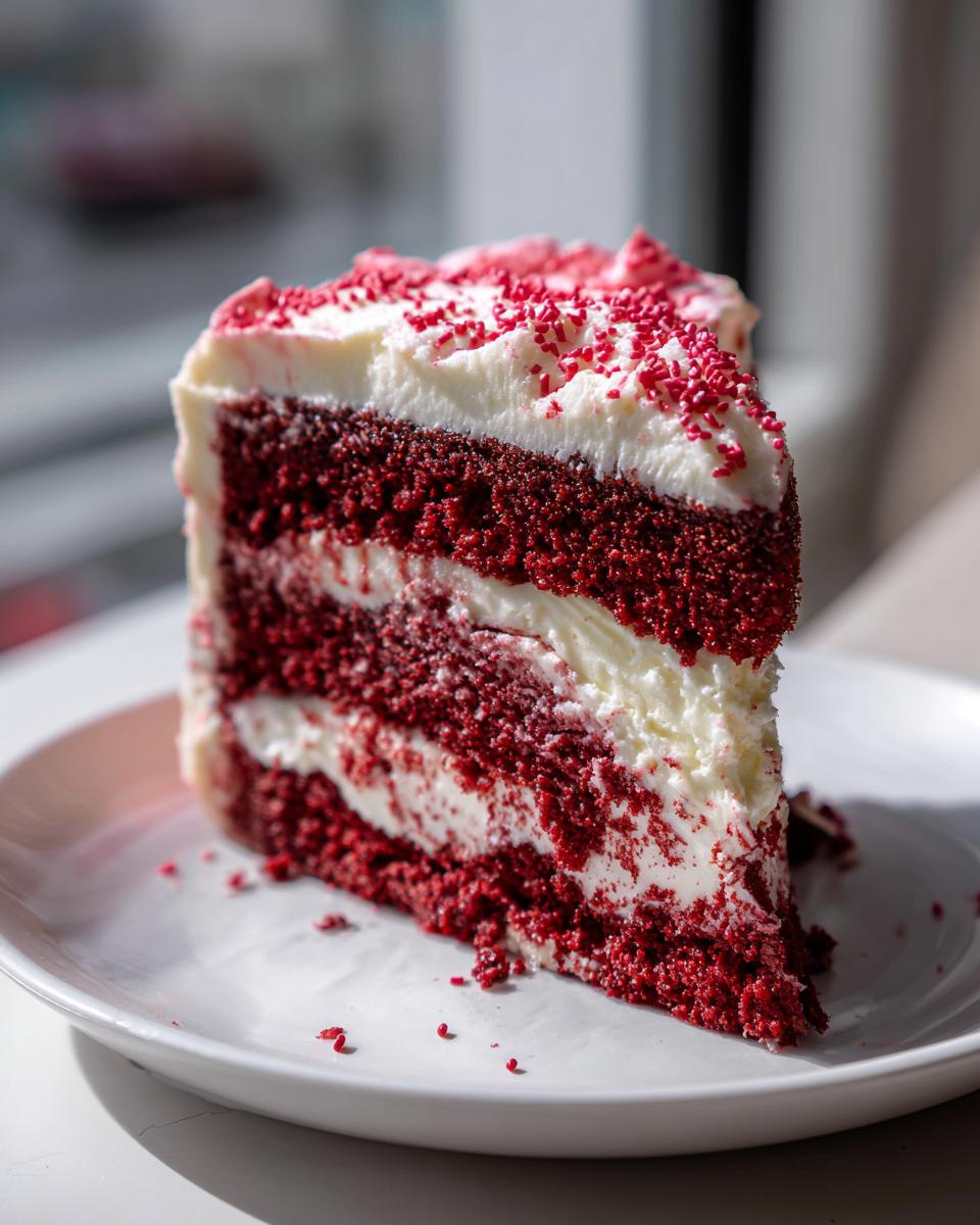 A tall, decadent slice of red velvet poke cake layered with white frosting and topped with red sprinkles.