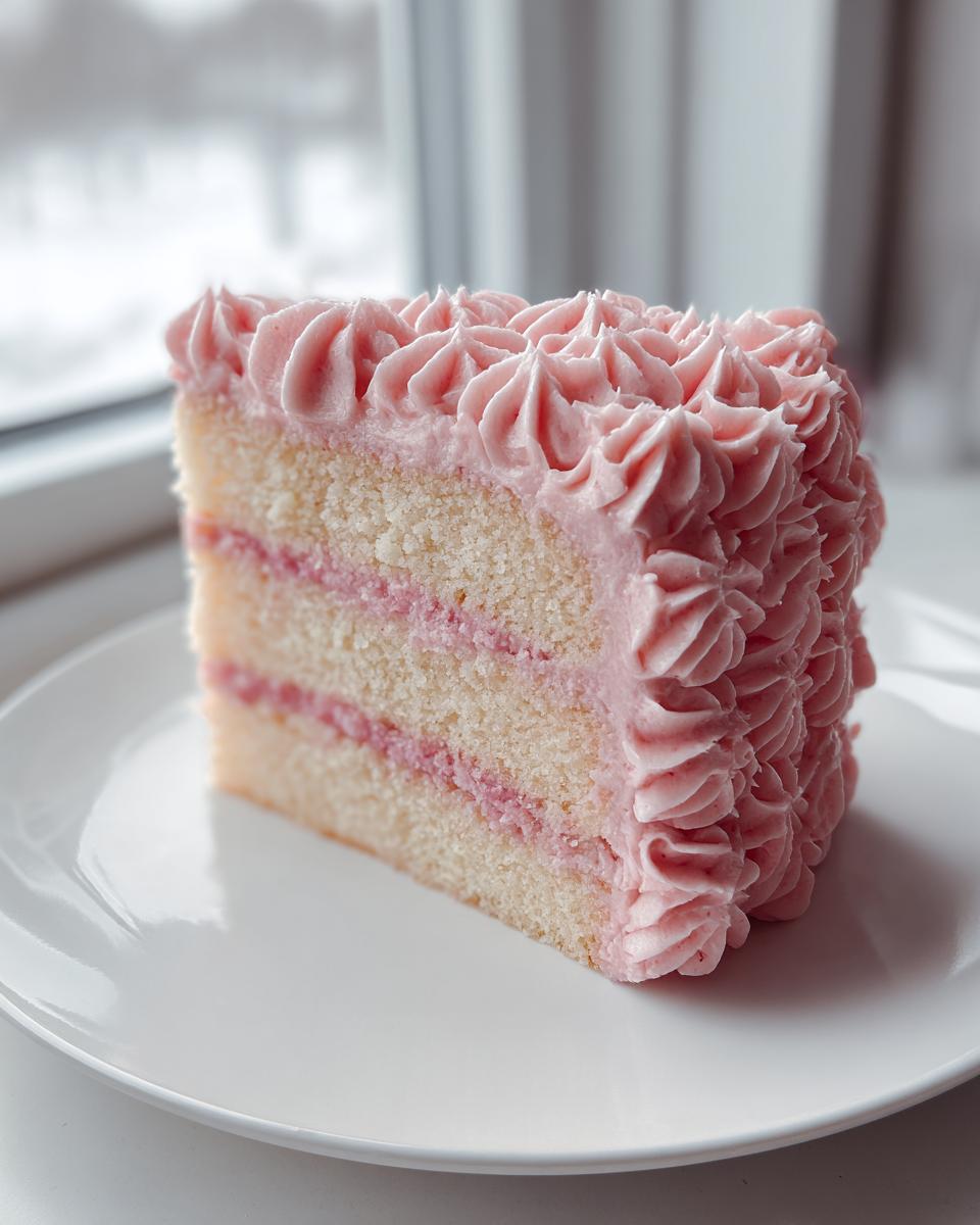A close-up of a slice of light-colored rose cake with pink filling and piped pink frosting.