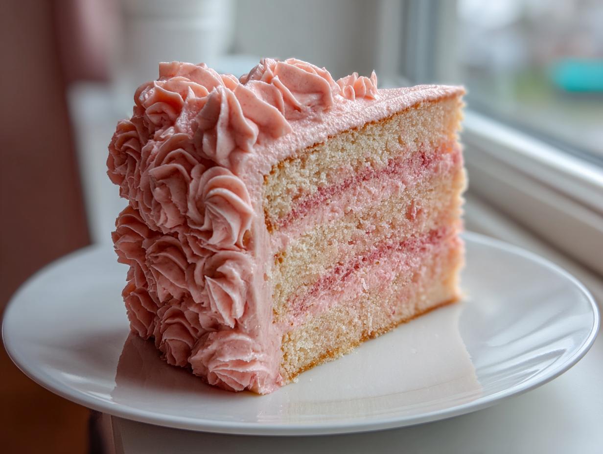 A slice of layered vanilla rose cake featuring pink filling and exterior frosting piped into beautiful rosettes.