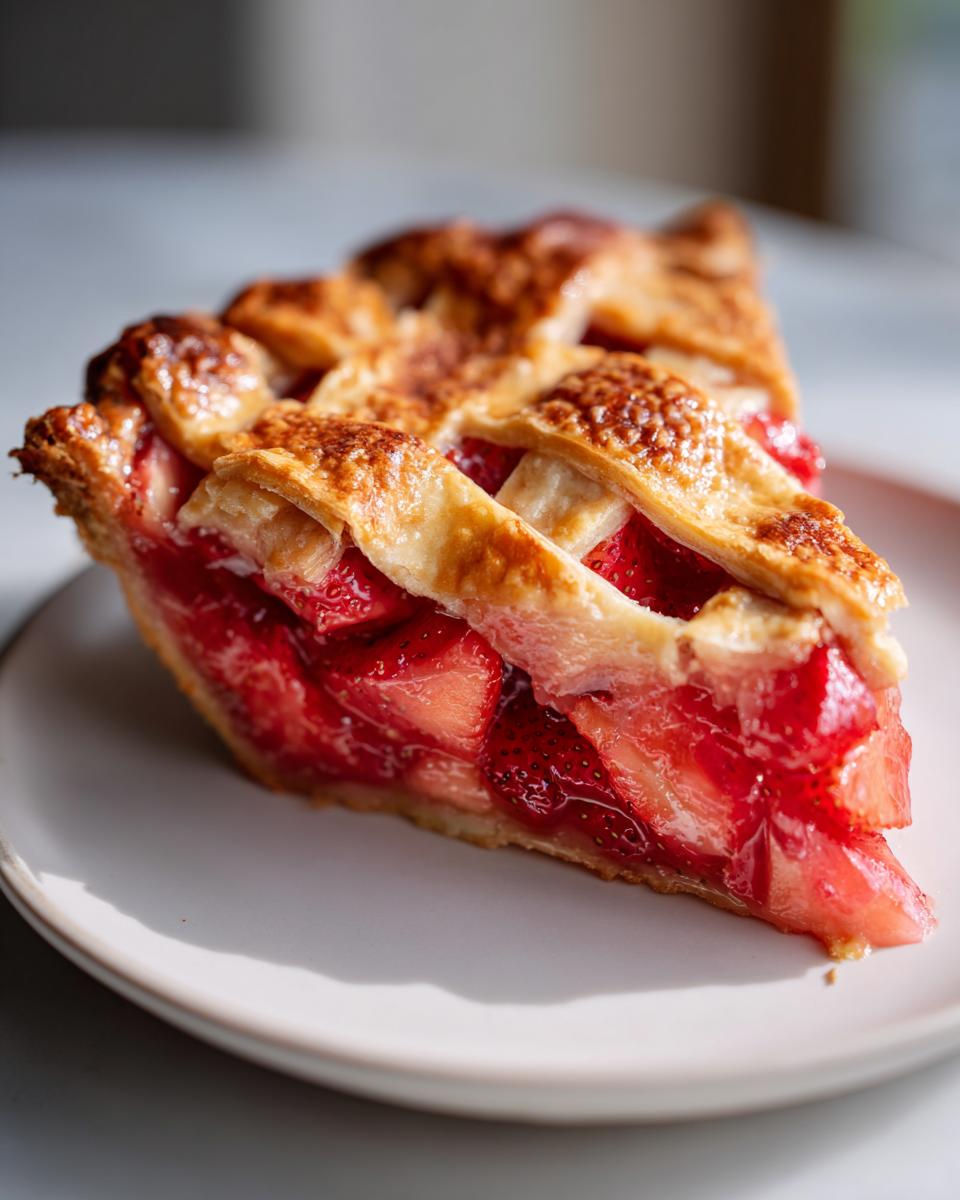 Close-up of a juicy slice of strawberry rhubarb pie featuring a golden lattice crust and bright red filling.