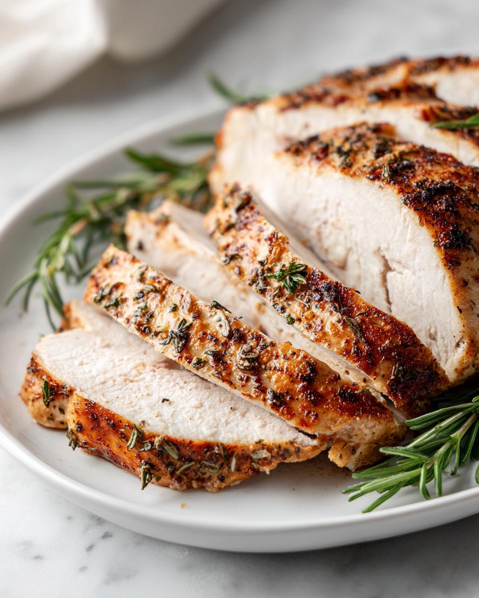Close-up of juicy, sliced slow cooker turkey breast seasoned with herbs and resting on rosemary sprigs.