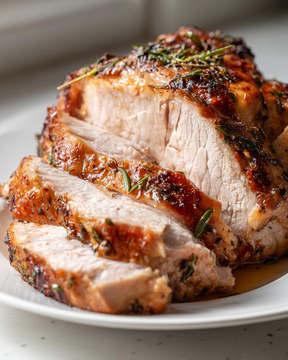 Close-up of a sliced slow cooker turkey breast, showing juicy white meat and a browned, herb-crusted exterior.