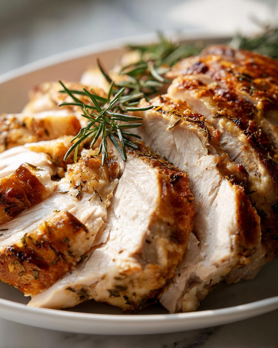 Close-up of sliced, juicy slow cooker turkey breast seasoned with herbs and garnished with fresh rosemary sprigs.