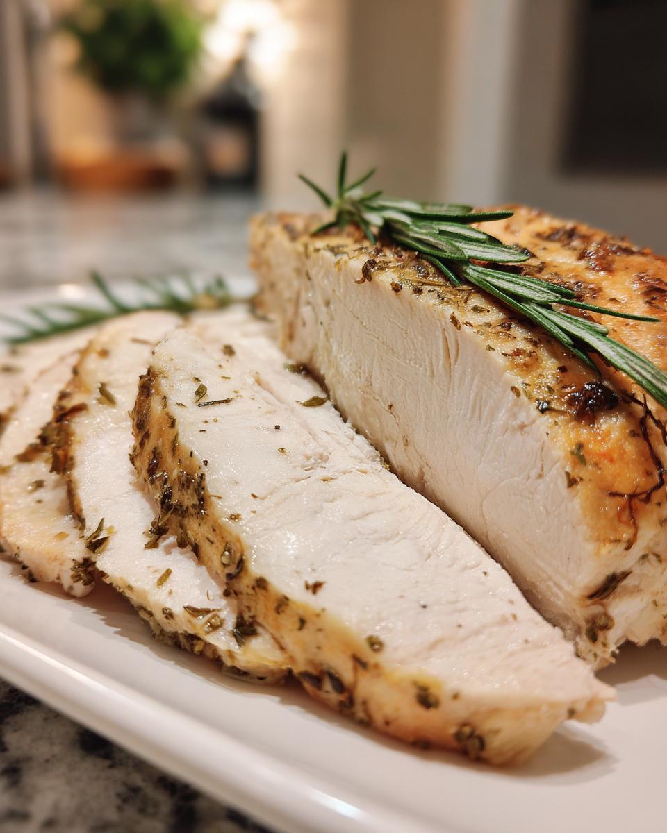 Close-up of sliced, herb-crusted slow cooker turkey breast garnished with fresh rosemary sprigs.