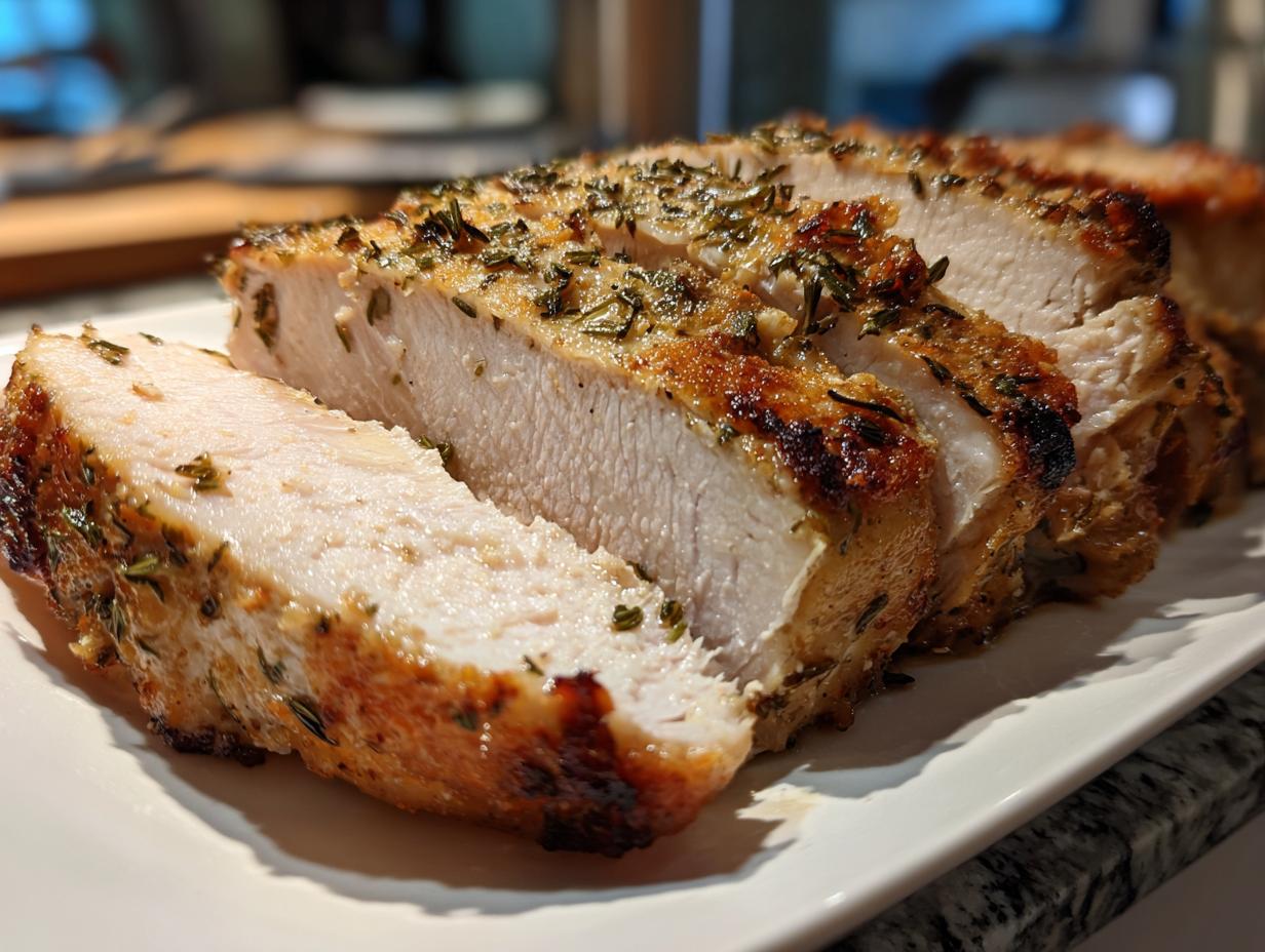 Close-up of thick slices of moist slow cooker turkey breast, seasoned with herbs and featuring a golden-brown crust.