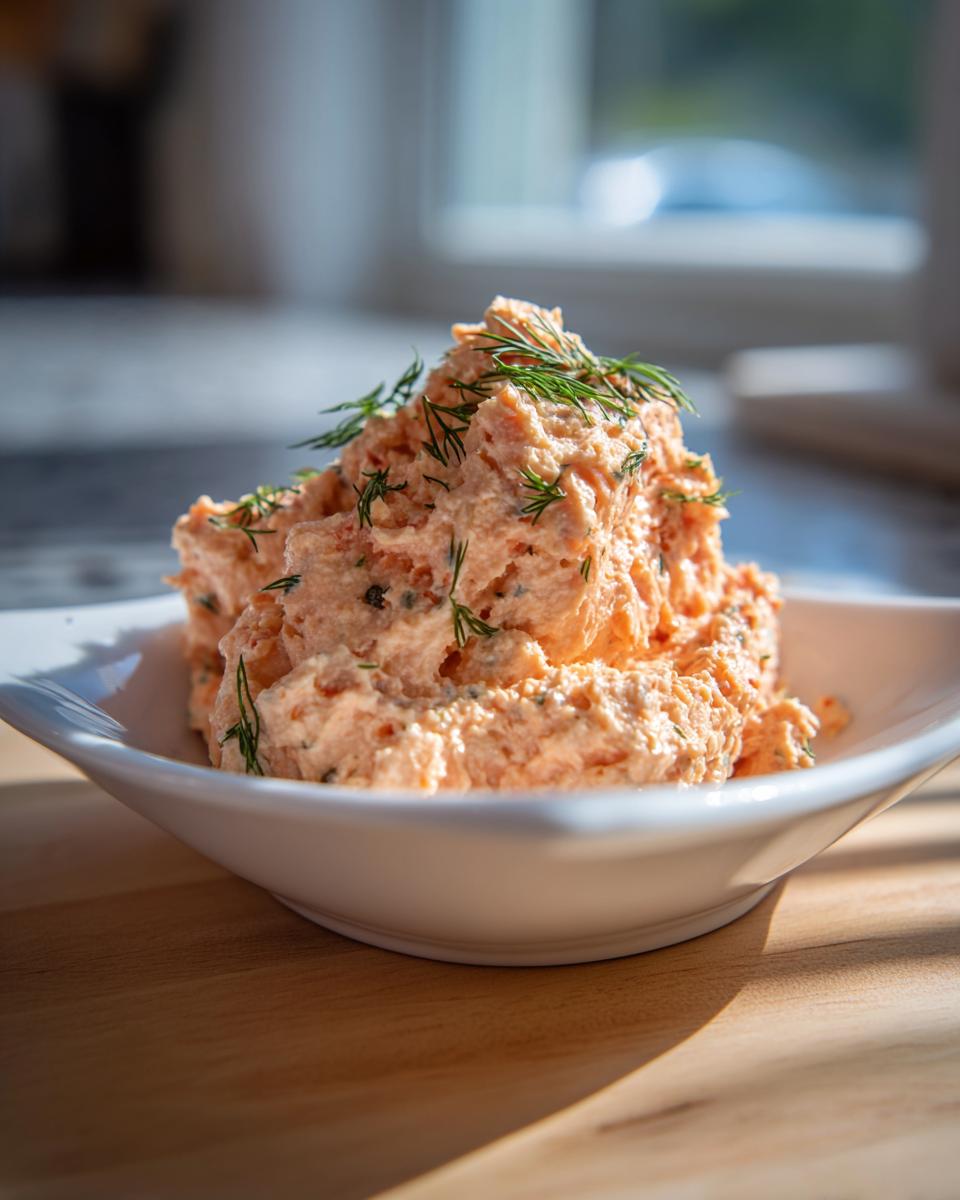 A mound of creamy, pink smoked salmon dip garnished with fresh dill, served in a white dish.