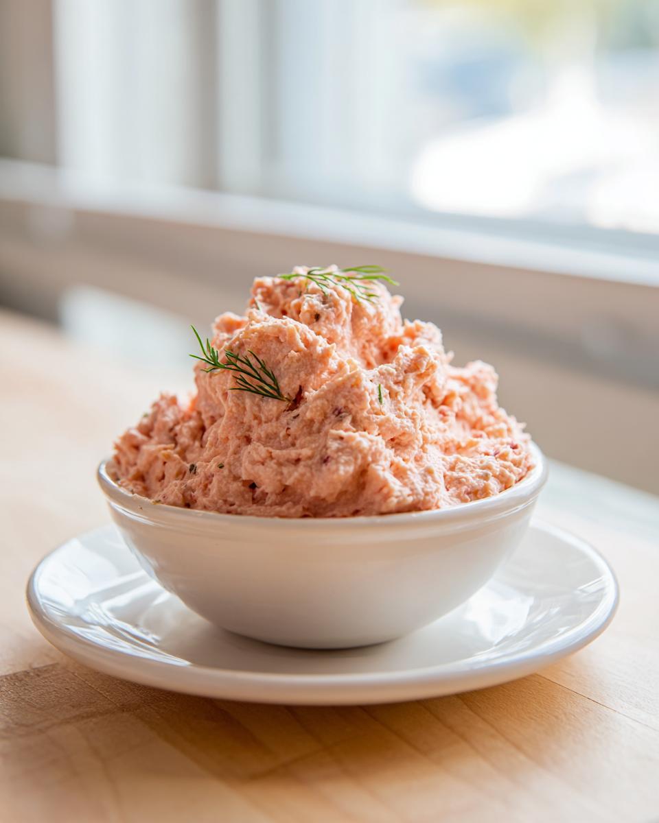 A white bowl filled high with creamy pink smoked salmon dip, garnished with fresh dill sprigs.