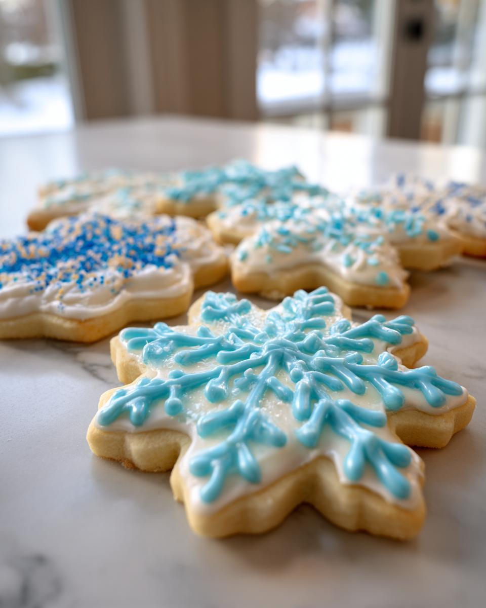 Close-up of a snowflake sugar cookie decorated with white and bright blue icing from the sugar cookie icing recipe.