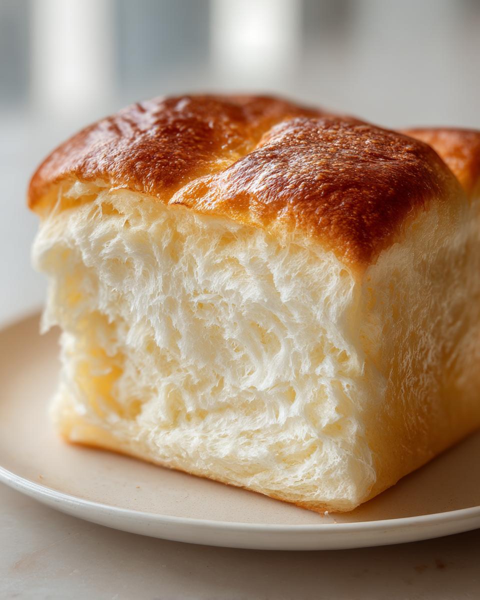 Close-up of a slice of incredibly soft, fluffy milk bread showing its cotton-like interior and golden-brown crust.