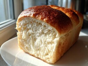 Close-up of a freshly baked milk bread loaf showing the incredibly soft, fluffy interior crumb and golden brown top.