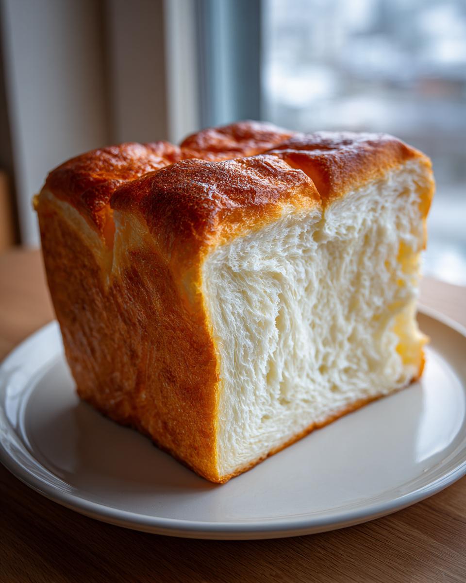 A freshly baked, square loaf of incredibly soft milk bread, sliced to show its fluffy white interior and golden crust.