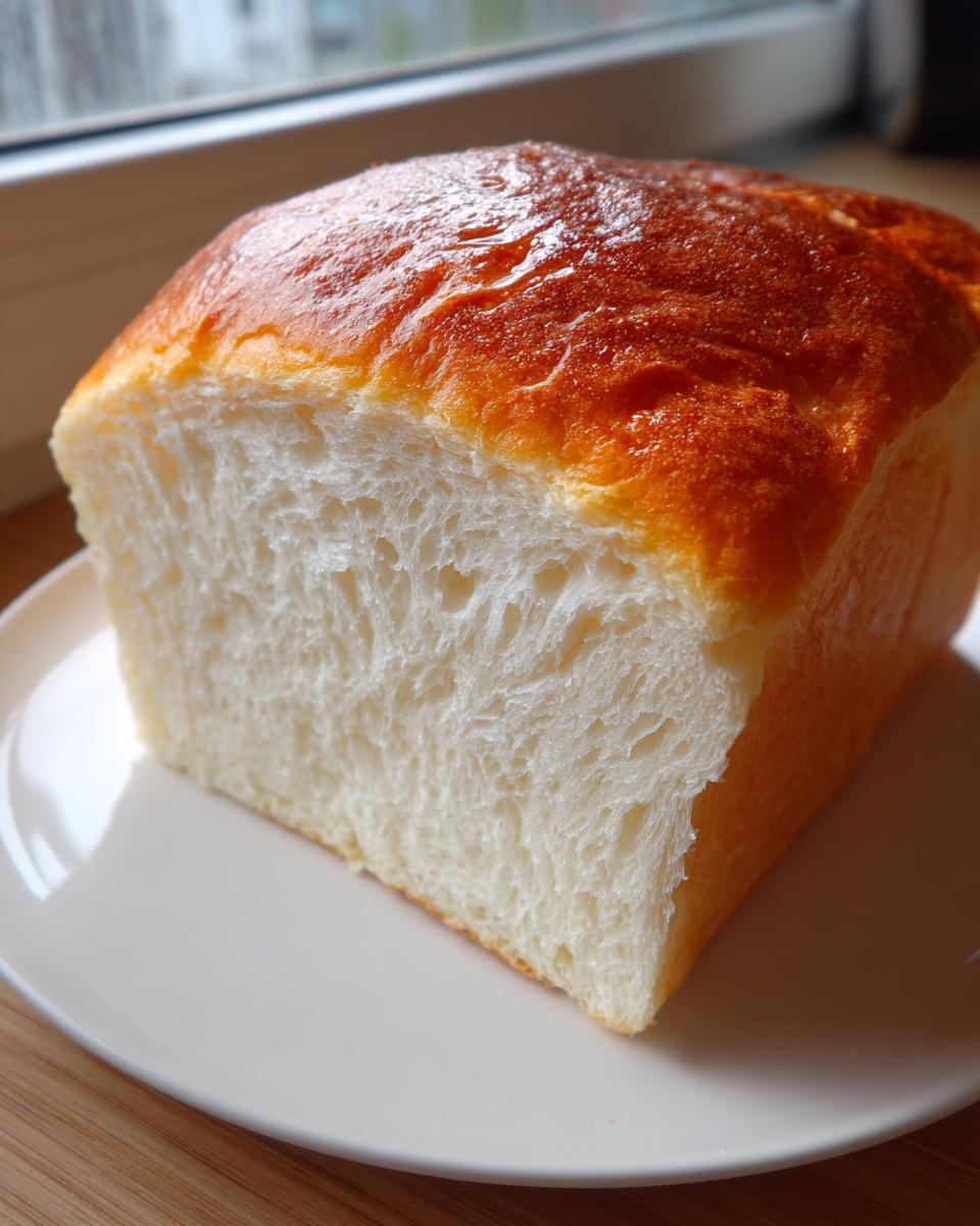 A cross-section of incredibly soft milk bread showing the fluffy white crumb and shiny, golden-brown top crust.