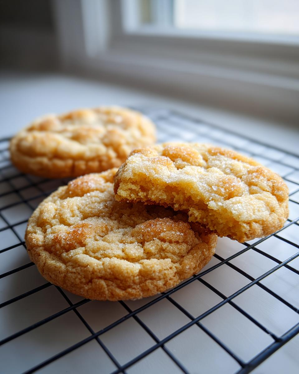 Close-up of soft peanut butter cookies, one broken open to show the texture, cooling on a black wire rack.