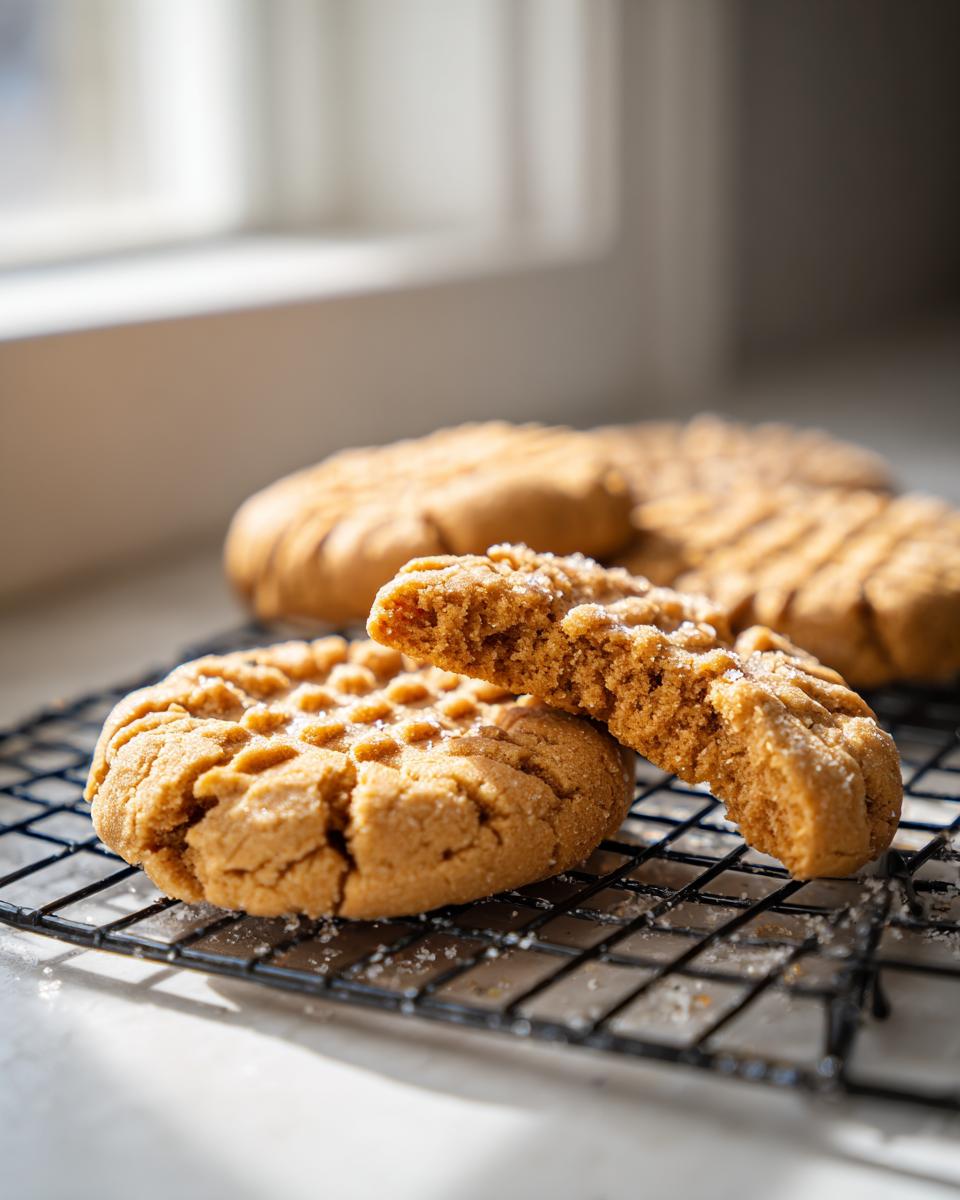 Close-up of soft peanut butter cookies cooling on a black wire rack, one cookie broken in half showing the texture.