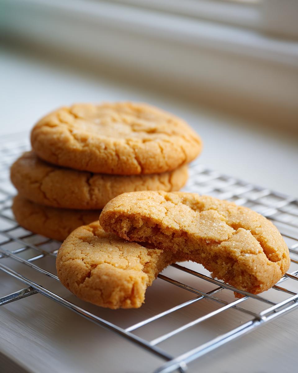 A soft peanut butter cookie broken in half rests on a cooling rack in front of a stack of whole peanut butter cookies.