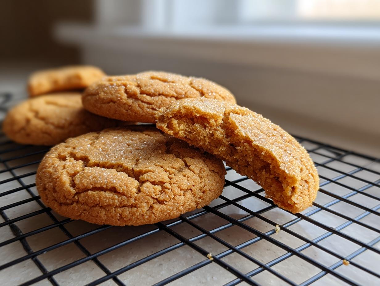 A close-up of soft peanut butter cookies, one broken in half to show the chewy interior, resting on a black cooling rack.