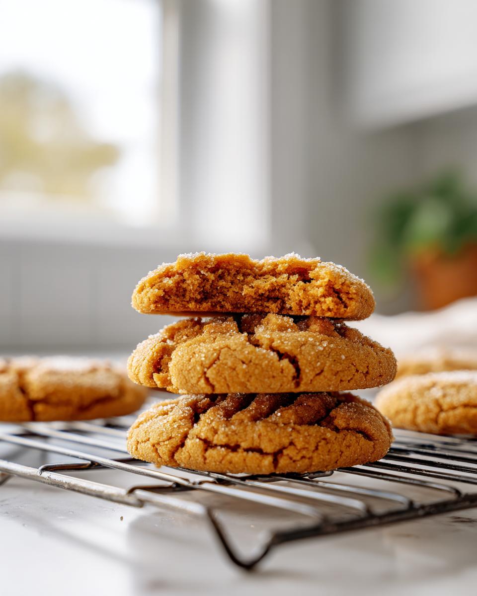 A stack of three soft peanut butter cookies, one broken open to show the texture, resting on a cooling rack.