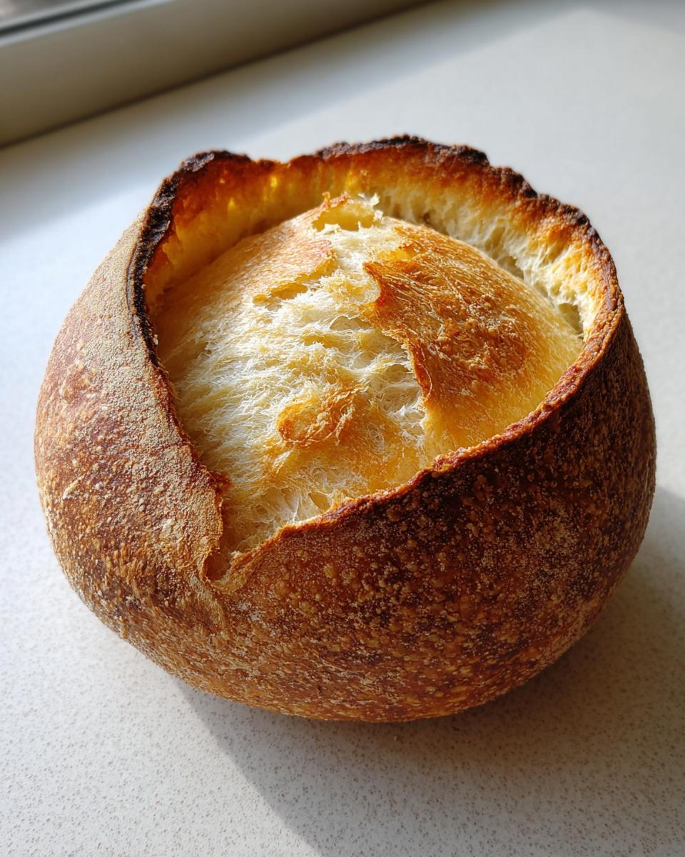 A freshly baked, round sourdough bread bowl with the top cut out, showing the fluffy interior.