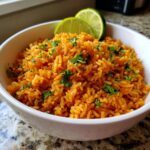 A white bowl filled with bright orange Spanish rice, garnished with fresh cilantro and two lime wedges.