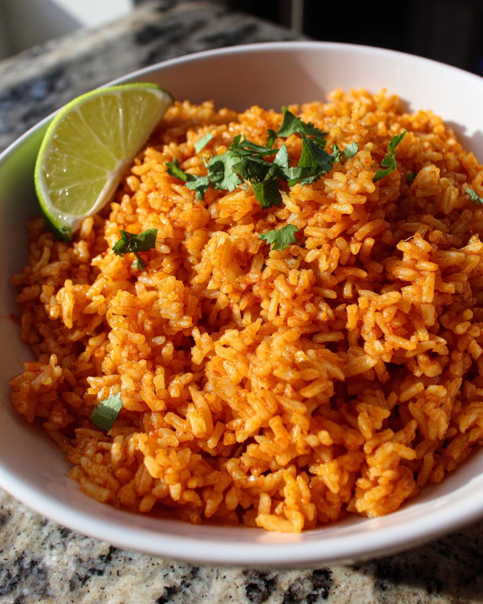 Close-up of a white bowl filled with vibrant orange Spanish rice, garnished with fresh cilantro and a lime wedge.