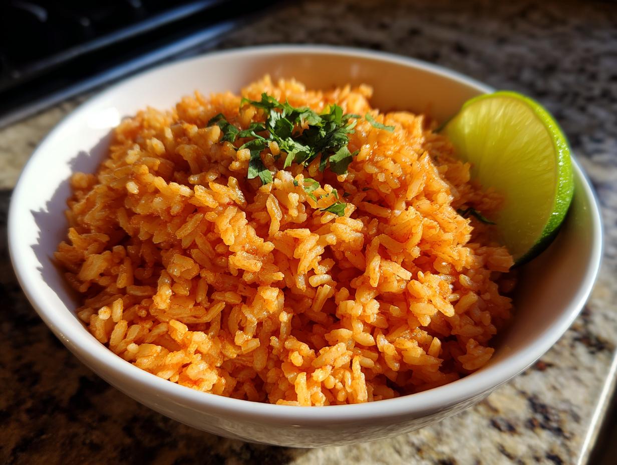 Close-up of a bowl filled with vibrant orange Spanish rice, garnished with fresh cilantro and a lime wedge.