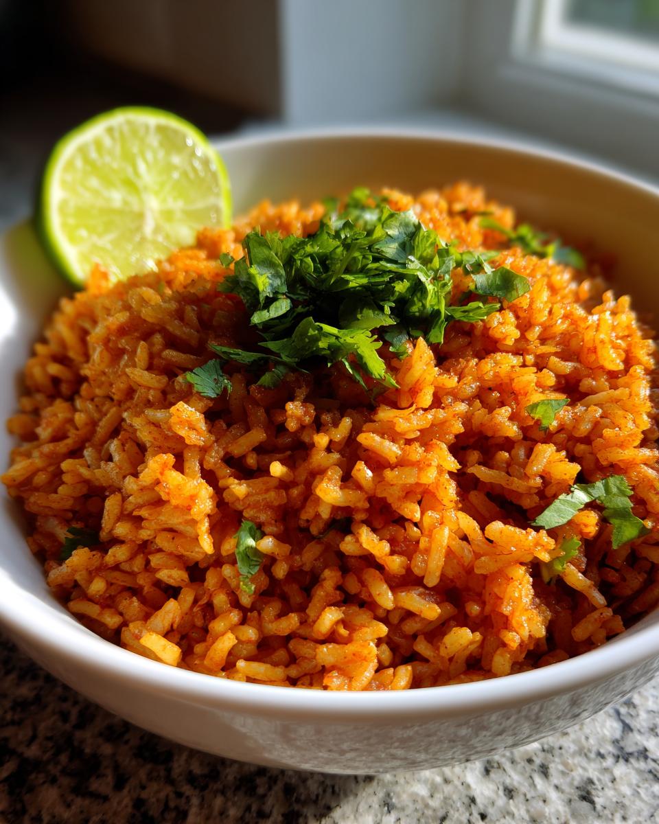 A close-up of a white bowl filled with vibrant orange Spanish rice, topped with fresh cilantro and a lime wedge.