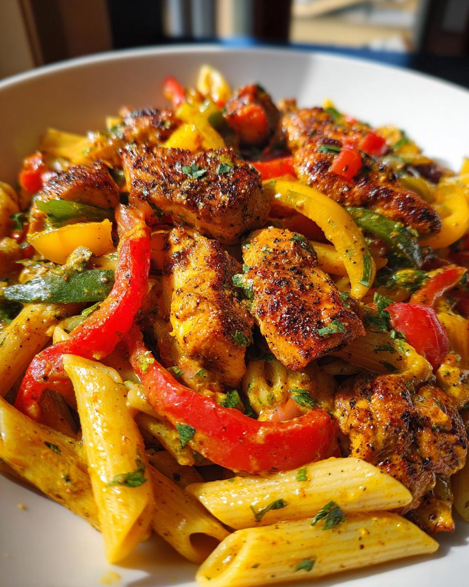 A close-up shot of vibrant Rasta pasta featuring penne coated in a creamy sauce, mixed with colorful bell peppers and topped with seasoned chicken pieces.