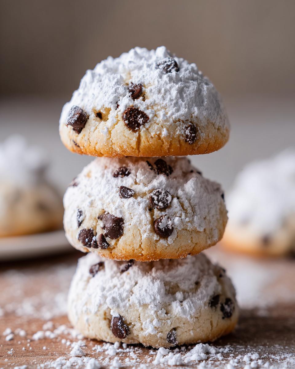 A stack of three delicious cannoli cookies filled with chocolate chips and heavily dusted with powdered sugar.