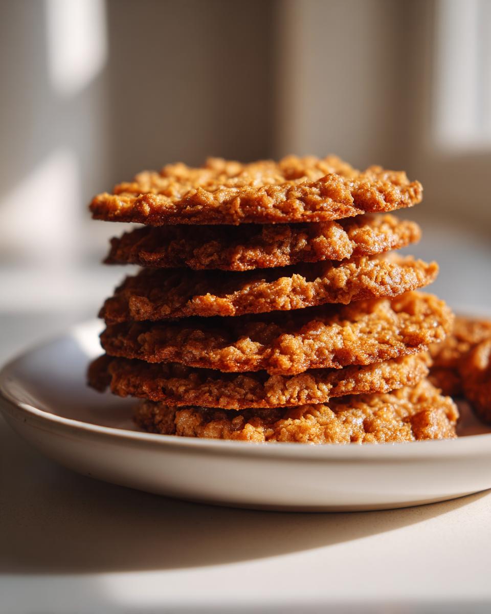 A tall stack of five golden brown, crispy oatmeal lace cookies resting on a light ceramic plate.