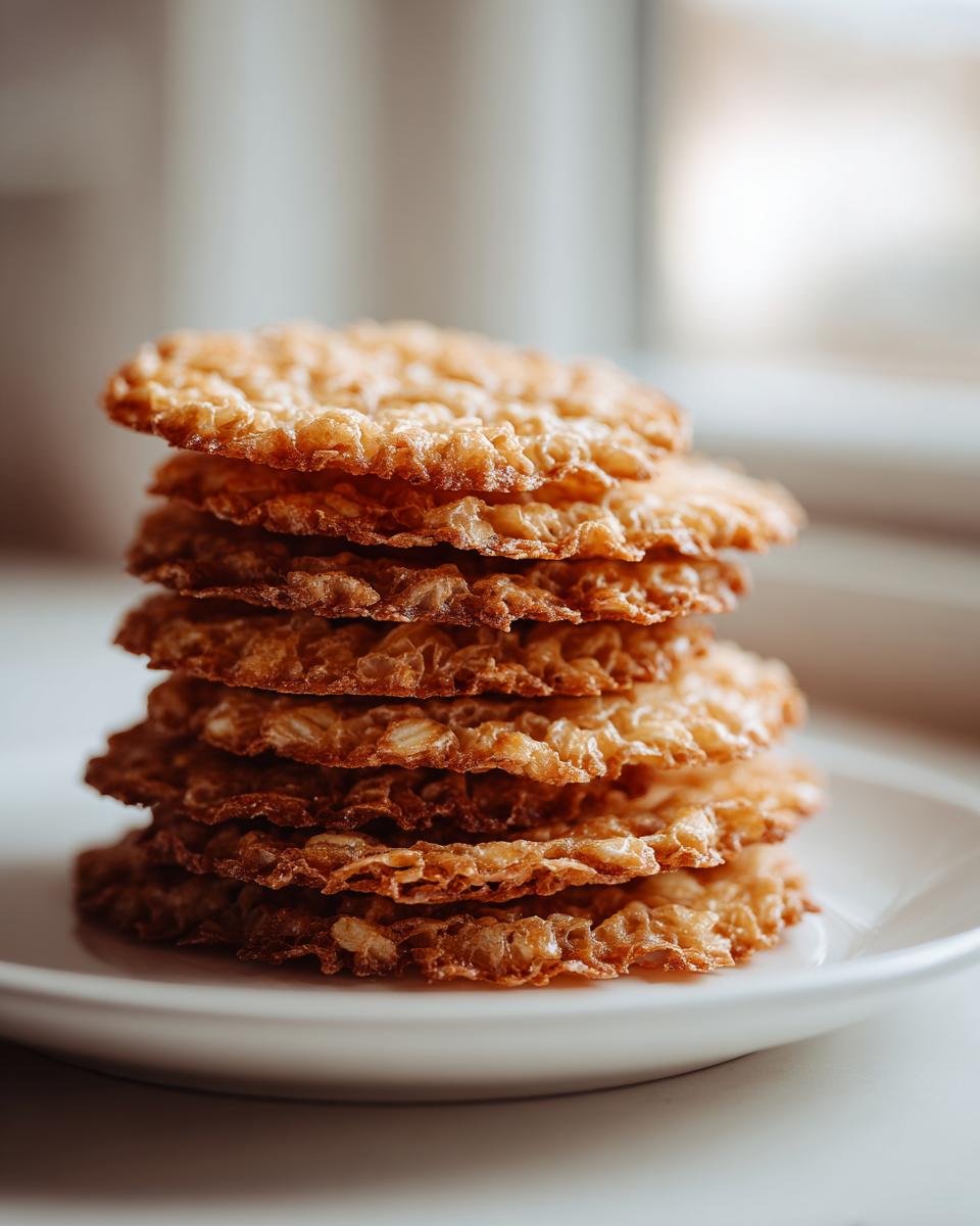 A close-up stack of six golden brown, lacy oatmeal lace cookies resting on a white plate.
