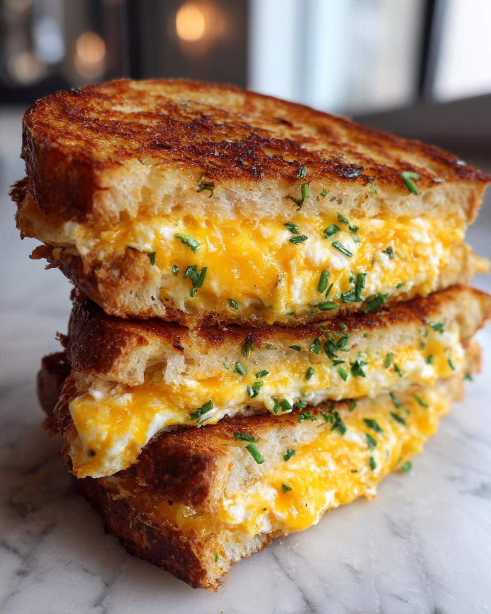 Three stacked halves of golden brown egg toast filled with melted cheddar cheese and fresh green chives.