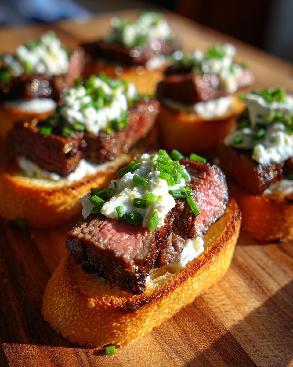 Close-up of a perfectly cooked steak crostini topped with creamy cheese and fresh chives.